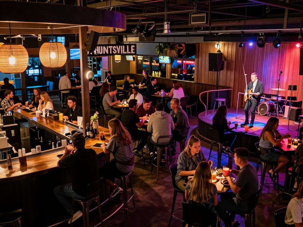 A lively scene with people enjoying food and drinks at a cocktail bar in Huntsville