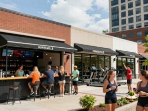 A collage of new businesses including a cocktail bar and a fitness center in Huntsville.