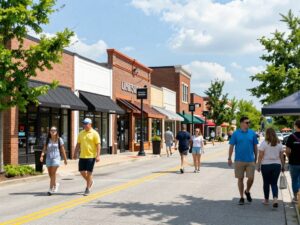 Vibrant street view of new businesses in Huntsville, AL