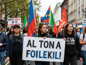 A diverse group of protesters gathering in Huntsville for civic engagement
