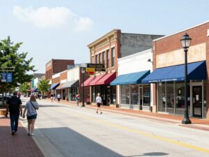 Shopping street in Huntsville, Alabama with local businesses