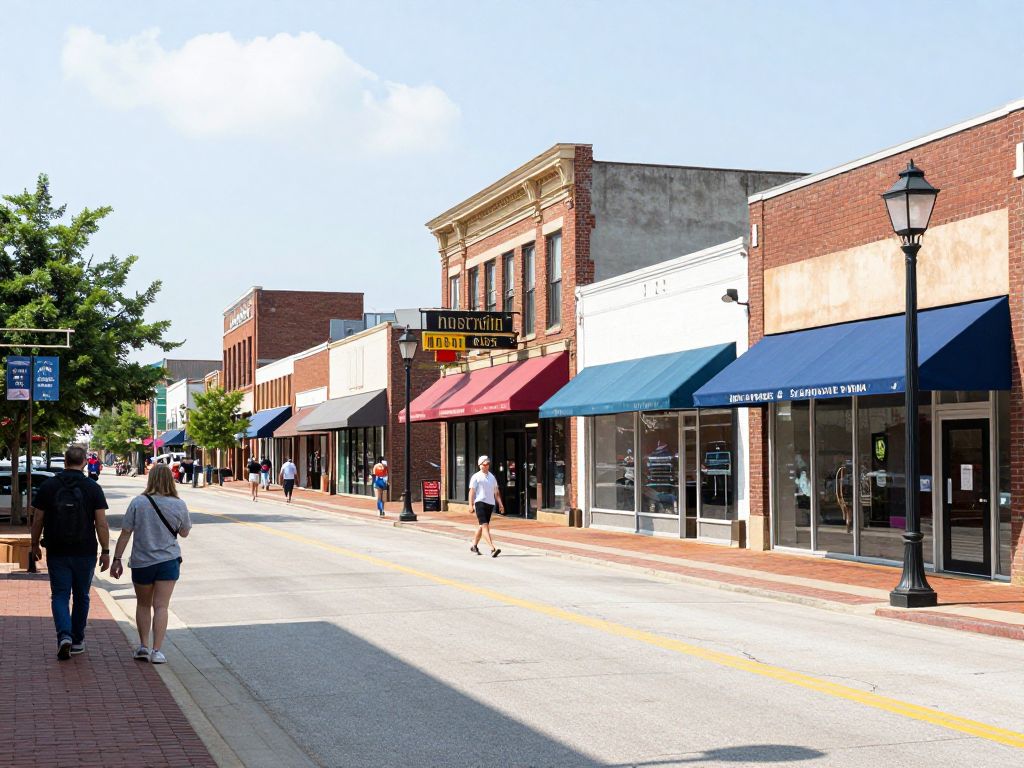 Shopping street in Huntsville, Alabama with local businesses