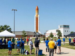 A view of the U.S. Space and Rocket Center in Huntsville, Alabama, with a rocket launch.