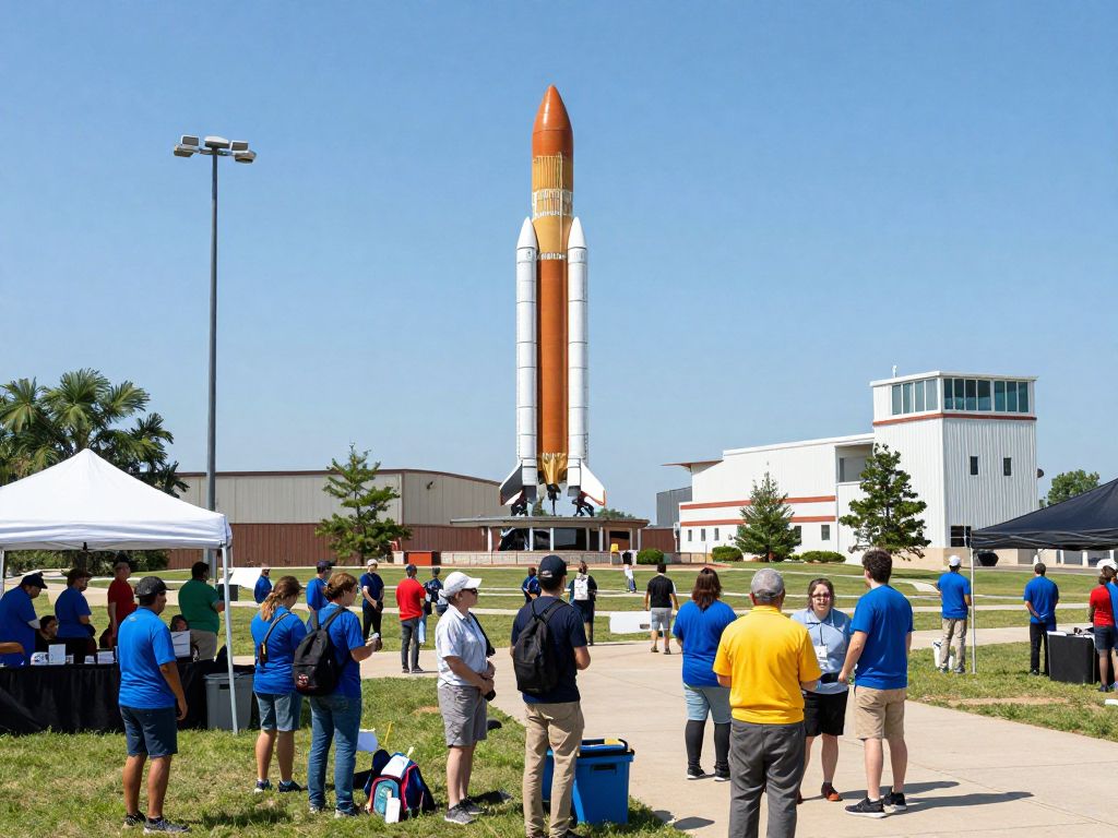A view of the U.S. Space and Rocket Center in Huntsville, Alabama, with a rocket launch.