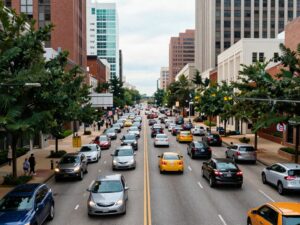 Traffic congestion on a busy road in Huntsville, Alabama