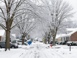 A winter landscape in Alabama affected by an ice storm.