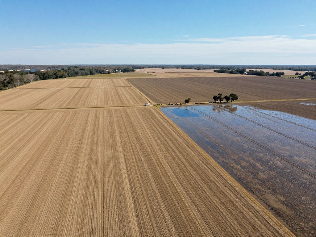 Aerial view showing contrast of dry fields and lush agricultural land in the Southeast to depict flash drought impact.