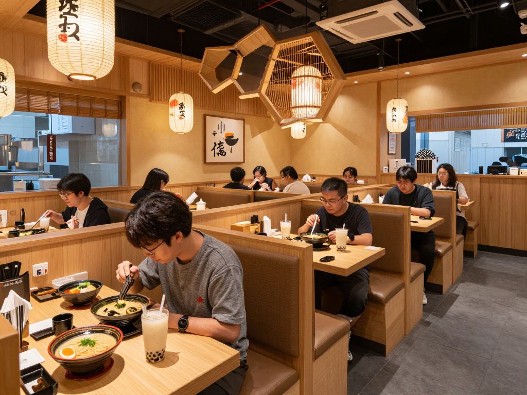Interior view of Kyuramen restaurant in Huntsville with honeycomb seating.
