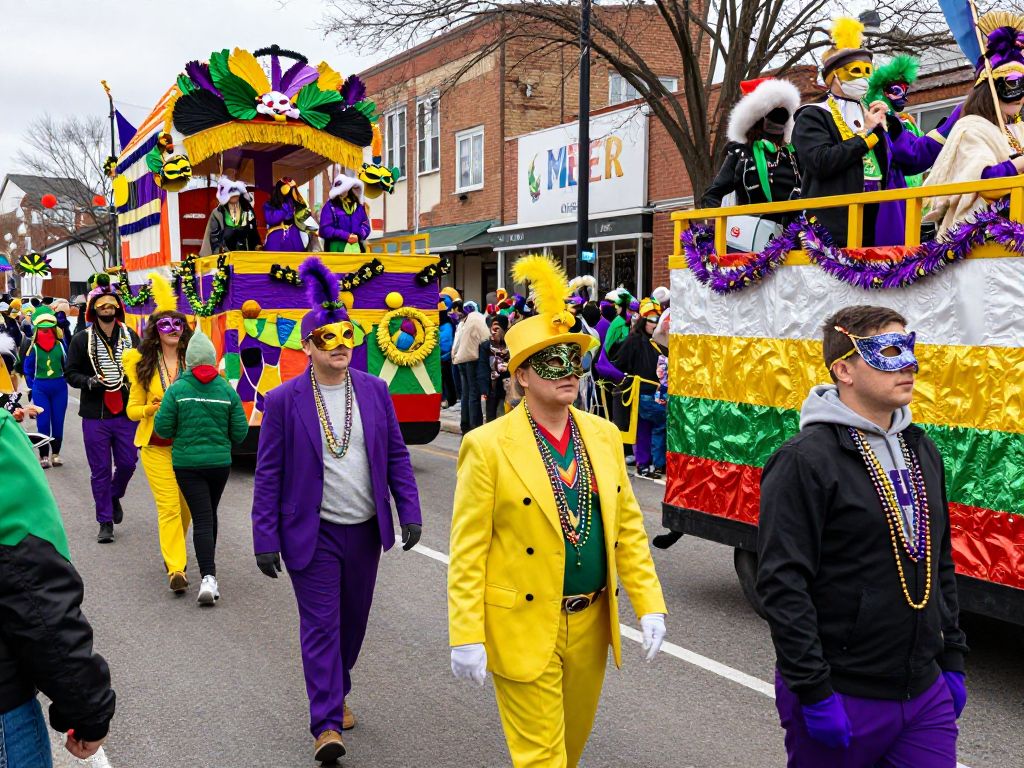 Crowd enjoying a Mardi Gras parade with colorful floats and costumes in North Alabama