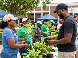 Residents receiving tree seedlings at Northport City Hall event