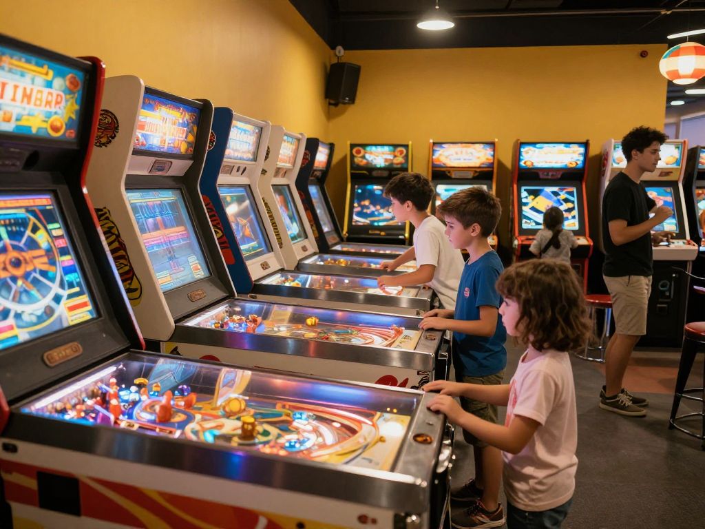 A group of people playing classic pinball machines at Pints & Pixels in Huntsville.