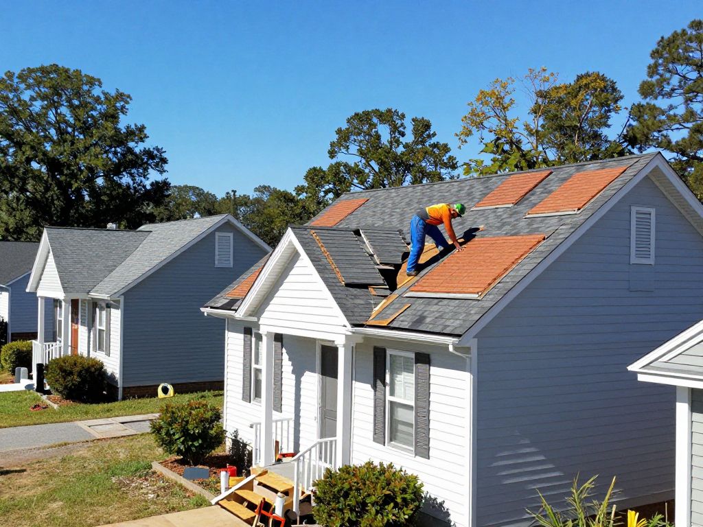 A worker repairing the roof of a house in West Alabama.
