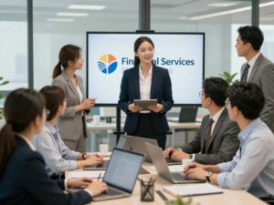 Office environment depicting teamwork in financial services