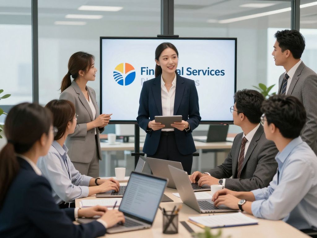 Office environment depicting teamwork in financial services