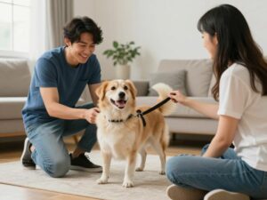 A dog training session with a trainer and owner in a home setting