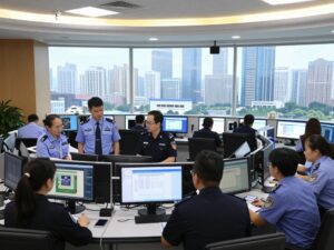 Urban command center with officials discussing public safety strategies
