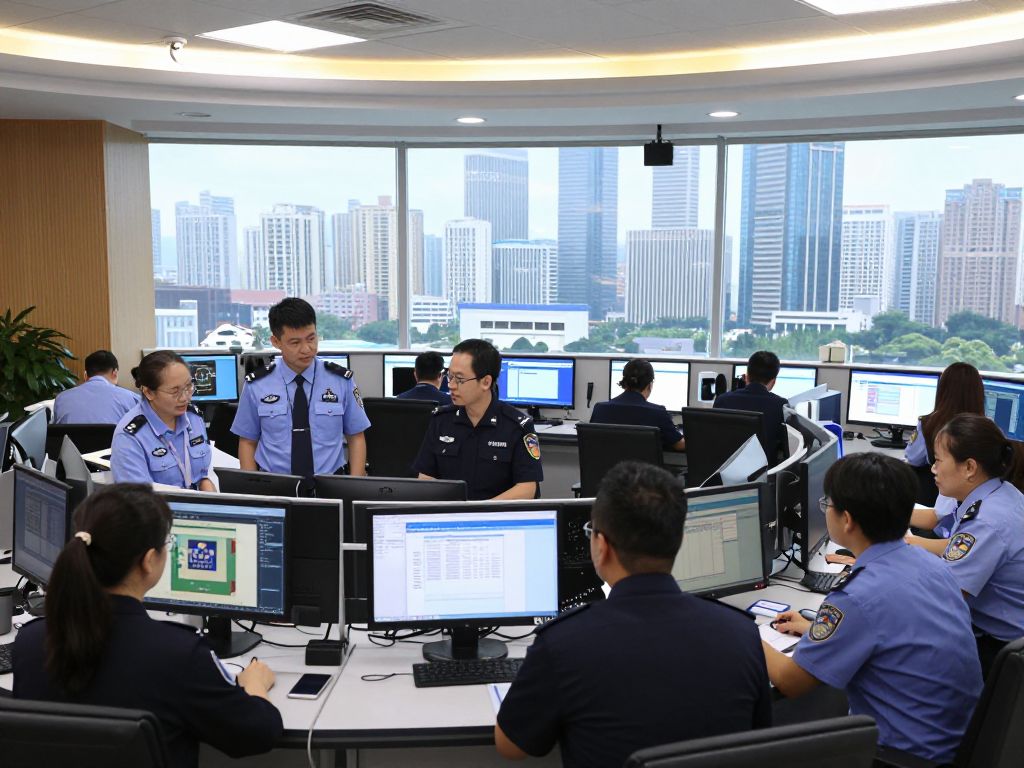 Urban command center with officials discussing public safety strategies