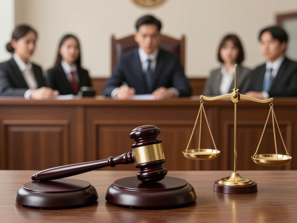 Illustration of a courtroom scene focusing on workplace harassment laws and rights