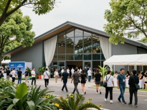 Exterior view of a major event venue in Alabama with people engaging around it.