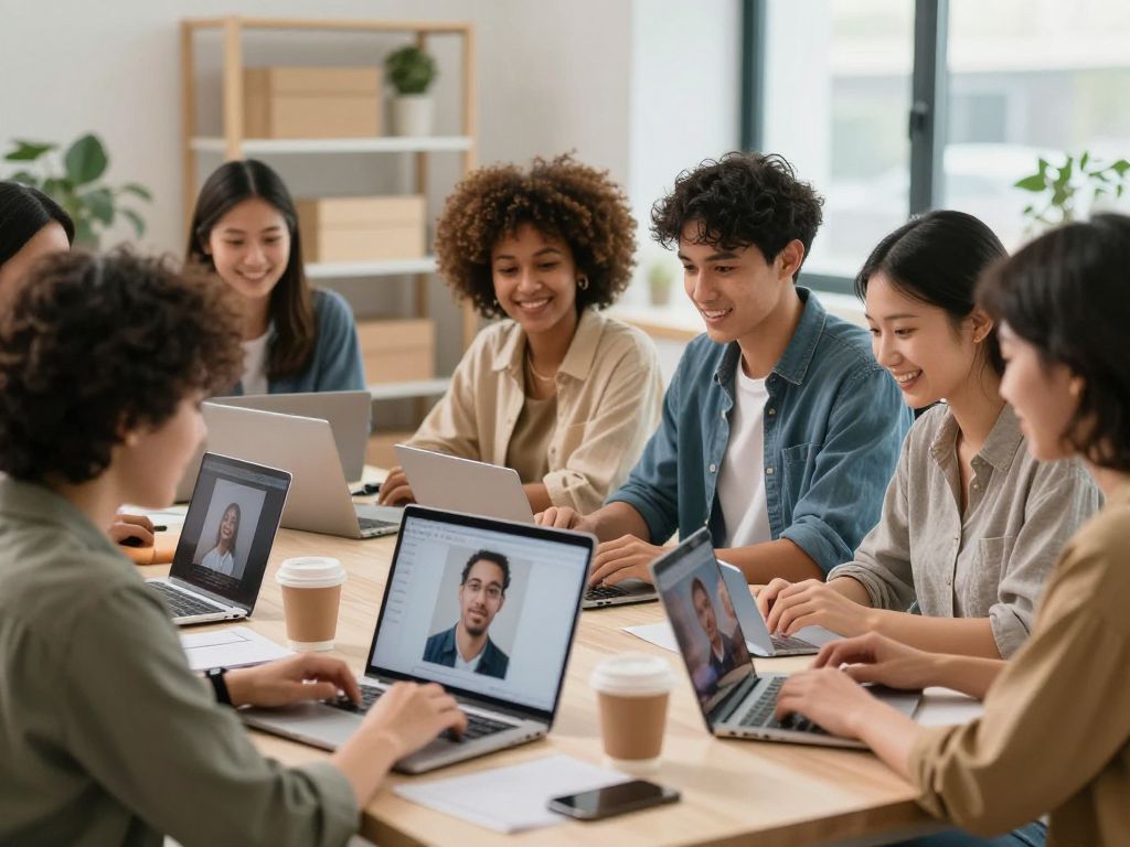 Diverse entrepreneurs in Alabama engaging with social media marketing