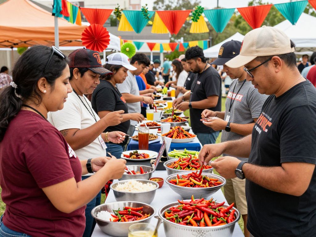 A lively chili cookoff scene showcasing vendors and community members participating in the event.