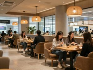 Interior view of Comet Coffee shop at Huntsville Airport with customers.