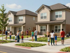 Families in front of new affordable homes in Tuscaloosa