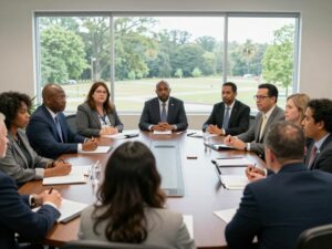 Diverse leaders discussing community initiatives