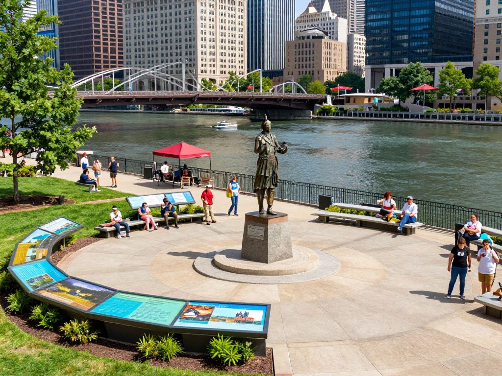 Render of the cultural landmark honoring Chief Tuskaloosa along the riverfront in Tuscaloosa