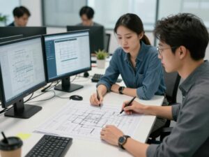Engineers collaborating in a modern office setting over engineering documents and digital resources.