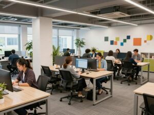 A vibrant flexible workspace showcasing diverse professionals collaborating in a modern office setting.