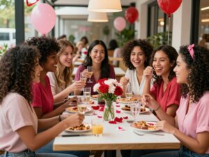 Women celebrating Galentine's Day in a local setting in Huntsville