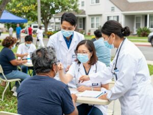 Healthcare professionals providing free health screenings to residents in Huntsville neighborhood.