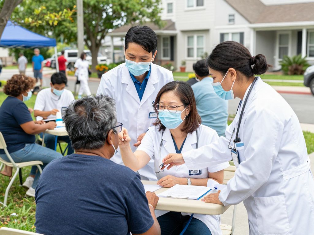 Healthcare professionals providing free health screenings to residents in Huntsville neighborhood.