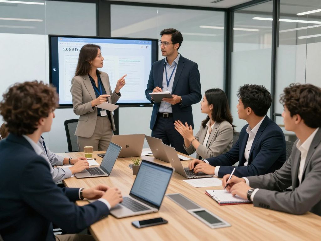 Entrepreneurs in a modern office discussing media strategies