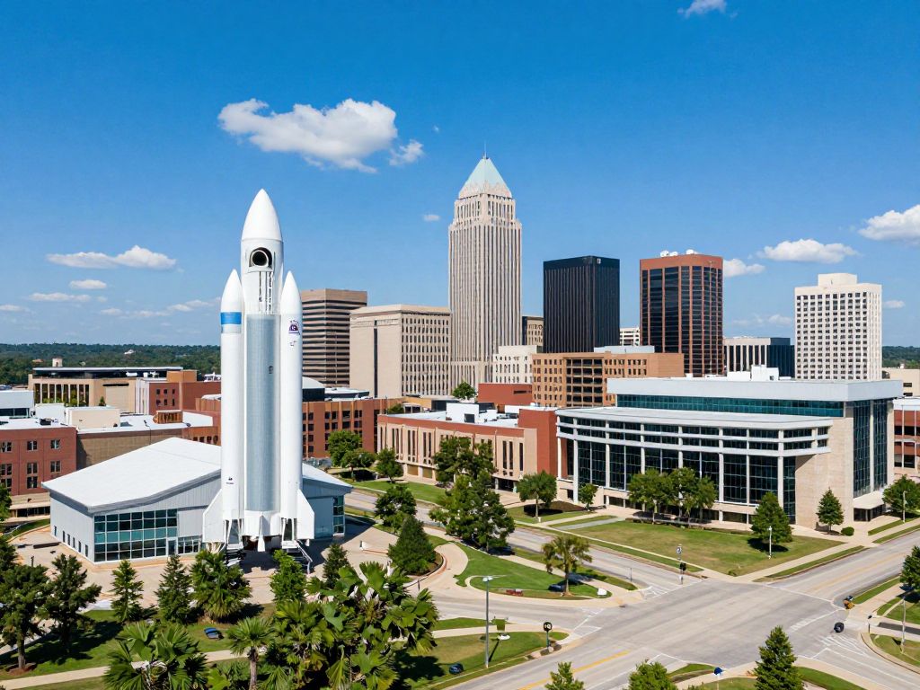 Aerial view of Huntsville, AL highlighting aerospace facilities.