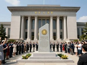 Unveiling of the new courthouse in Huntsville with a commemorative cornerstone.