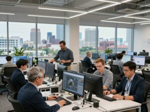 Engineers collaborating on defense technology in Huntsville