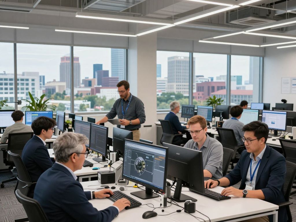 Engineers collaborating on defense technology in Huntsville