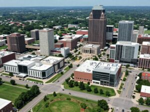 Aerial view of Huntsville showcasing economic growth and modern infrastructure.
