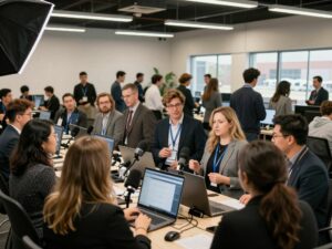 Local entrepreneurs in Huntsville interacting with media representatives.