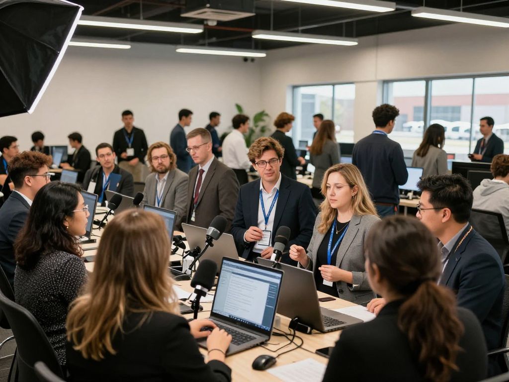 Local entrepreneurs in Huntsville interacting with media representatives.