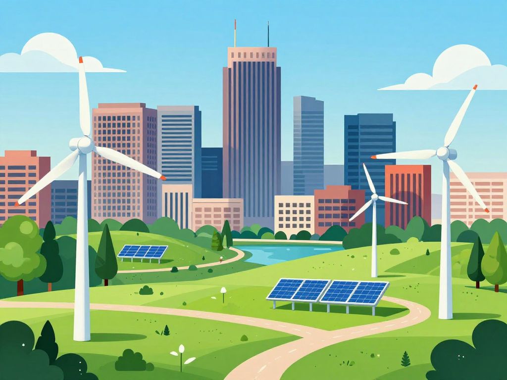 Illustration showcasing Huntsville's commitment to sustainability with wind turbines and solar panels.