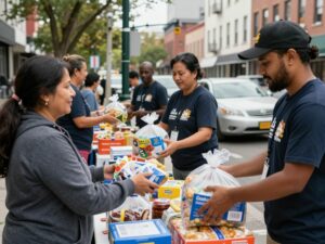 Volunteers distributing food at a community event in Huntsville.