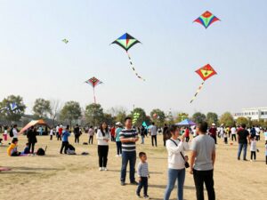 Colorful kites flying at the Huntsville Kite Festival