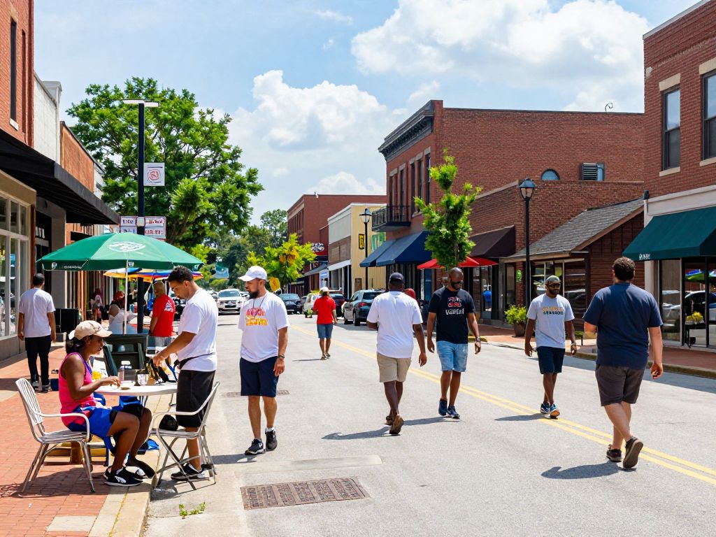 A bustling street in Huntsville with various local businesses.