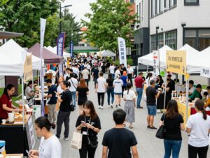 A bustling pop-up event in Huntsville with locals enjoying food and live music.