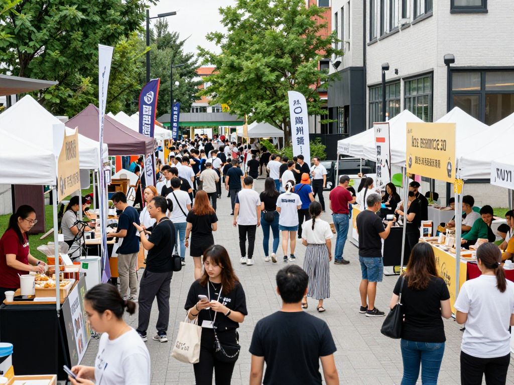 A bustling pop-up event in Huntsville with locals enjoying food and live music.