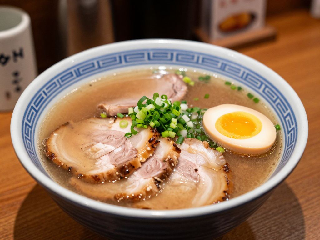 Bowl of ramen with toppings in an Asian restaurant