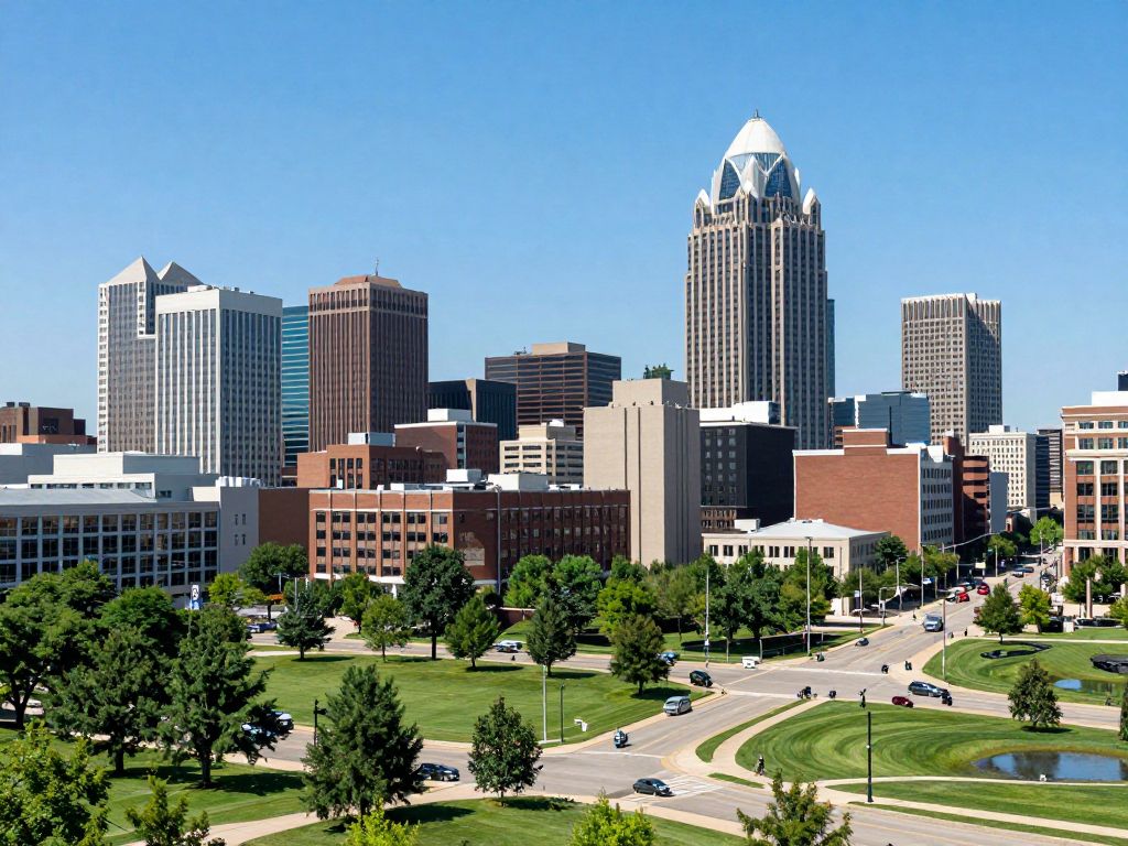 Panoramic view of Huntsville city skyline with modern buildings and greenery.